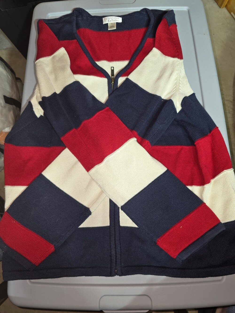 2006 Christopher & Banks Womens Size Large Red White Blue Zipup Cardigan
